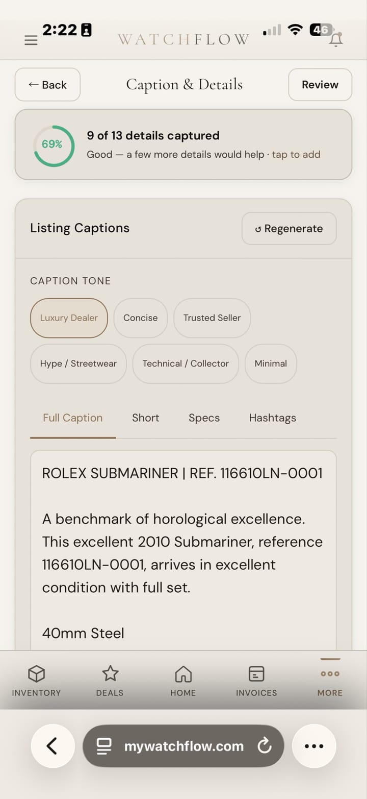 Caption details with tone selector